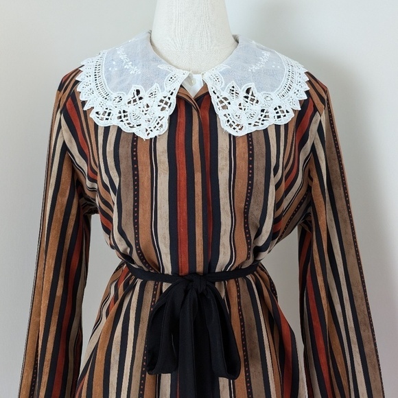 *Free with Purchase* 90’s Striped Long Sleeve Blouse Earth Tones Collar - Picture 5 of 10